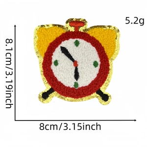 Detail view of alarm clock chenille patch with gold sequins and embroidery measurements