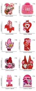 Size guide for Valentine's cartoon embroidery patches featuring gnome and heart designs