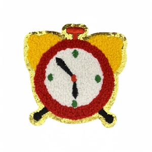 Cartoon alarm clock chenille patch with red embroidery and gold glitter gold border