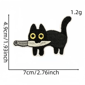 Detailed view of black cat embroidery patch with knife, showing size and dimension measurements