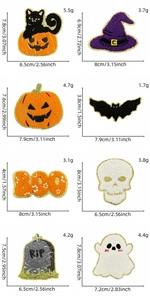 Detailed size and weight chart for 8 Halloween chenille gold-bordered embroidery patches