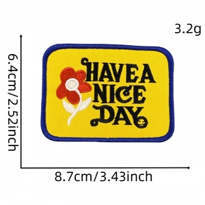 Yellow 'HAVE A NICE DAY' embroidered patch with red flower and blue border for clothing