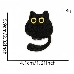 Cute black cat embroidered iron-on patch with yellow eyes and precise measurements