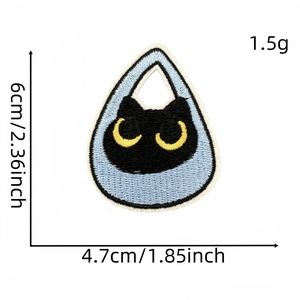 Close-up of black cat embroidery patch showing detailed stitching and 6cm size dimensions