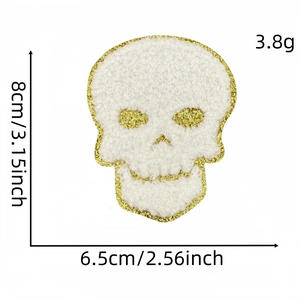 White chenille skull embroidery patch with gold glitter edges for DIY clothing decoration