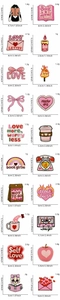 Detailed size chart for 20 pink romantic embroidered patches with dimensions and weight