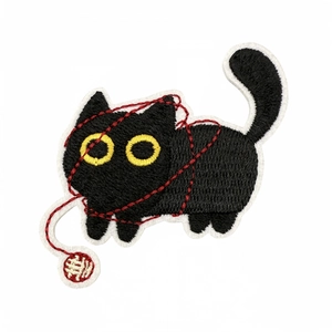Cute black cat embroidery patch playing with red yarn ball, iron-on clothing accessory