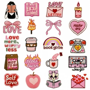 Cartoon Pink Embroidery Patch DIY Iron On Decorative Patches For Clothes Bag Sweet Heart Bow Book Girlie Aesthetic Accessories