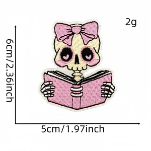 Cute pink skull reading book embroidery patch for DIY bags and clothes decoration