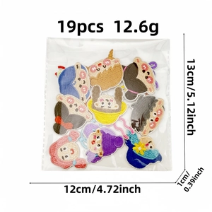 Set of 19 mini cartoon embroidery patches with iron-on adhesive backing and measurements