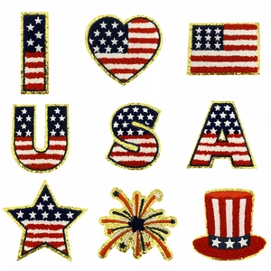 Écusson Patriotique du Jour de l'Indépendance des États-Unis Drapeau en Chenille Bordure à Paillettes Dorées Thermocollant