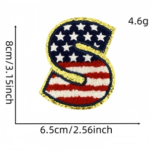 Écusson brodé lettre S drapeau USA avec paillettes dorées, étoiles bleues et rayures, 8cm