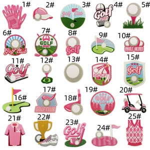 Selection of 25 pink golf-themed embroidered patches featuring clubs, hats and carts
