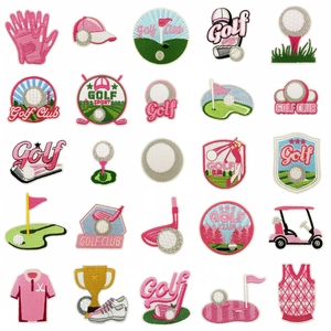 Pink Golf Theme Embroidery Patches Polyester Thread Iron On Decorative Badges For Clothing Bags Hats Sport Theme Applique