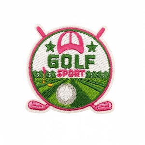Pink golf sports series embroidered iron-on patch with golf clubs and cap design