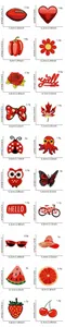 Size guide for 20 styles of red embroidery iron-on patches showing dimensions and weights