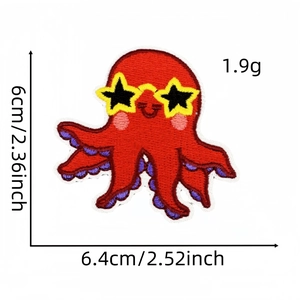 Red octopus embroidered patch with star sunglasses for DIY clothing iron-on applique