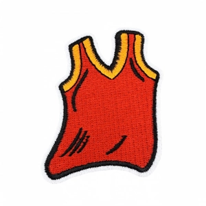Embroidered red basketball jersey patch with iron-on backing for DIY clothing decor