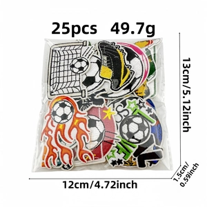 Set of 25 soccer themed embroidered patches with various sports designs and dimensions