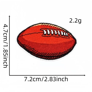 Red and white rugby ball embroidered patch for DIY clothing decor with dimensions 7.2x4.7cm