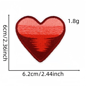 Red gradient heart embroidery patch for clothing with white border, 6.2cm x 6cm size
