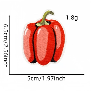 Red bell pepper embroidered patch for clothing with precise size dimensions shown