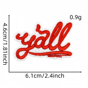 Red 'y'all' letter embroidery patch for clothing with detailed stitching texture
