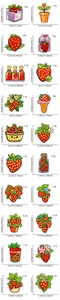 Size chart showing height width and weight for twenty strawberry embroidery patches