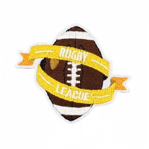 Rugby League embroidered patch with classic brown football design and yellow ribbon