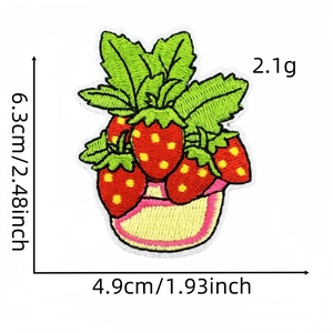 Cute strawberry embroidered patch with red fruits and green leaves, 6.3cm x 4.9cm size