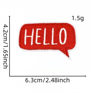 Red speech bubble embroidery patch with white HELLO text, 6.3cm x 4.2cm size details