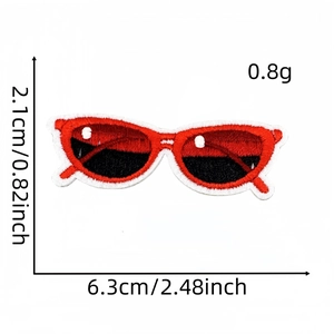 Red sunglasses embroidery patch with size dimensions for clothing decoration