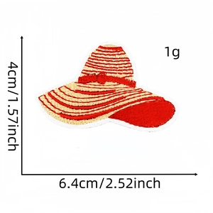 Red and white striped straw hat embroidered patch, size 6.4x4cm decorative applique