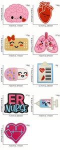 Detailed size chart for nine cartoon medical embroidery patches including heart and lungs