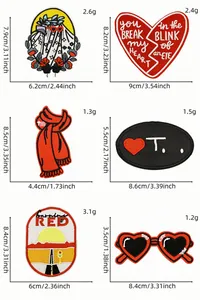 Size chart showing six embroidered patches including heart glasses and sunset designs