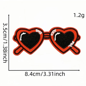 Red heart-shaped glasses embroidered patch with size dimensions 3.5cm by 8.4cm
