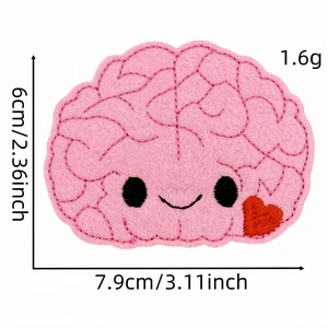 Cute pink brain cartoon embroidery patch for clothing with red heart and size measurements