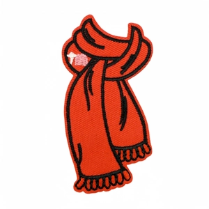 Red scarf shape embroidered patch with black border and tassel details for clothes decoration