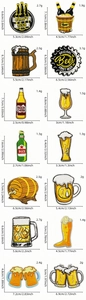 Assorted beer themed embroidered patches with detailed size and weight measurements
