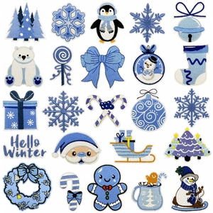 Winter Christmas Cartoon Embroidery Patches Blue Series Snowman Penguin Snowflake Embroidered Applique For Clothing Bag DIY Decoration