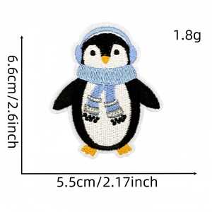 Winter penguin embroidery patch with blue scarf and earmuffs including size dimensions