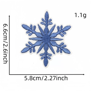 Blue and white snowflake embroidery patch with gradient threads and detailed dimensions
