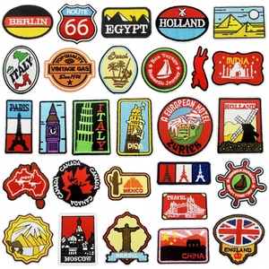 World Landmark Embroidery Patches For Clothing Backpack Travel Theme National Flag Iron On Decorative Embroidered Appliques