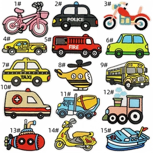 Detailed grid view of 15 cartoon vehicle embroidery patches showing sharp stitch textures