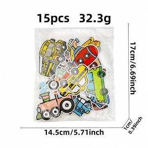 Set of 15 cartoon vehicle embroidery patches with iron-on backing for clothing