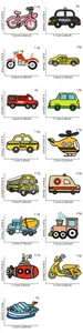 Detailed size chart for cartoon vehicle embroidery iron-on patches showing dimensions and weight