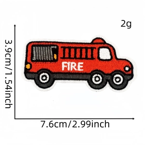 Red fire truck embroidered iron-on patch with white FIRE text, 7.6cm x 3.9cm badge