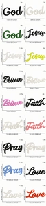 Detailed dimensions of religious embroidered iron-on patches with colorful text