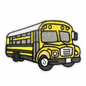 Embroidered yellow school bus patch with black details for iron-on clothing decoration