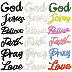 Embroidered Letter Patch Faith God Jesus Believe Pray Love Iron On Applique Polyester Fabric Badge For Clothing Bags Decor